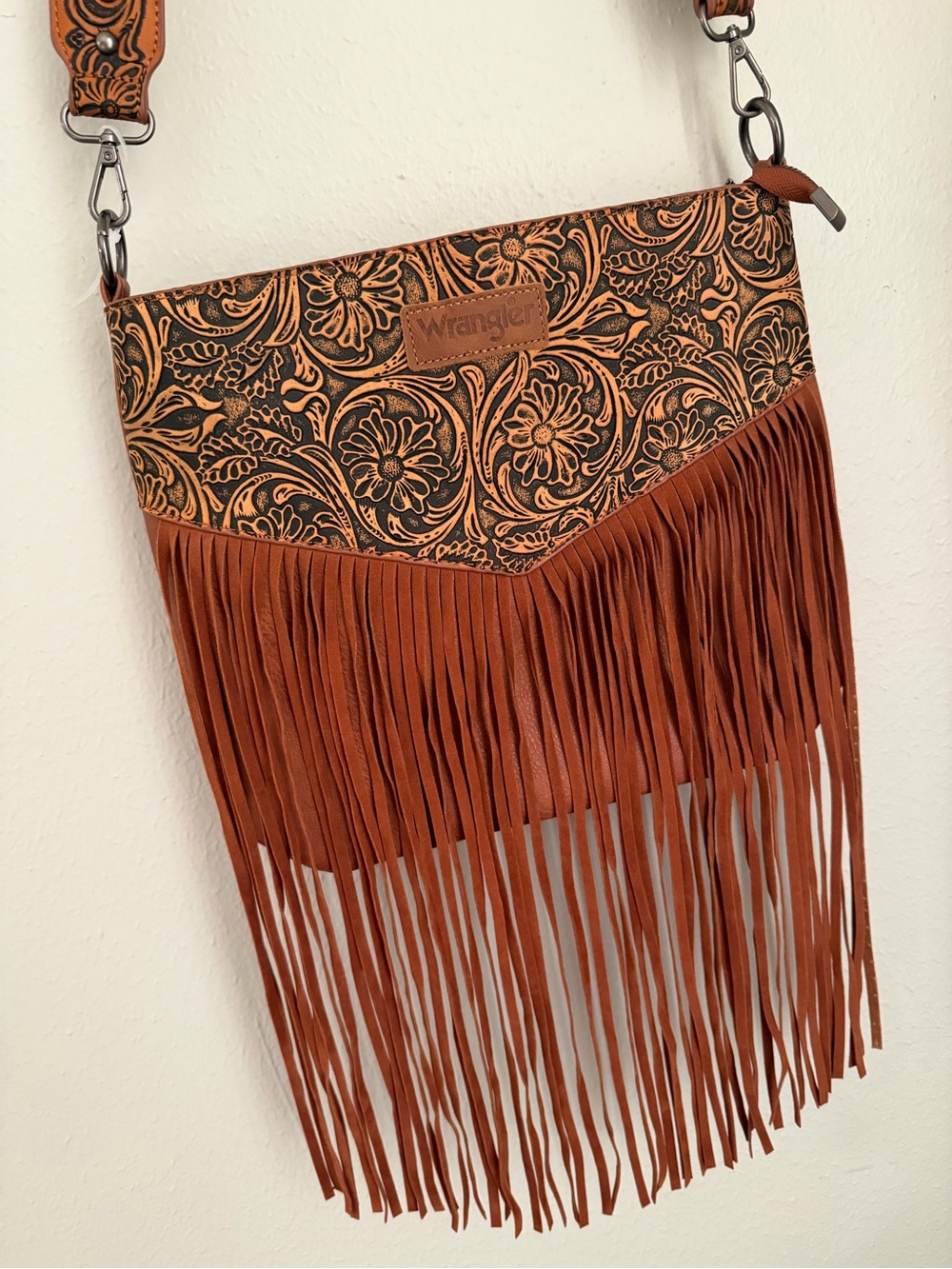 Wrangler Tooled Floral Fringe Crossbody Bag in Rust Brown